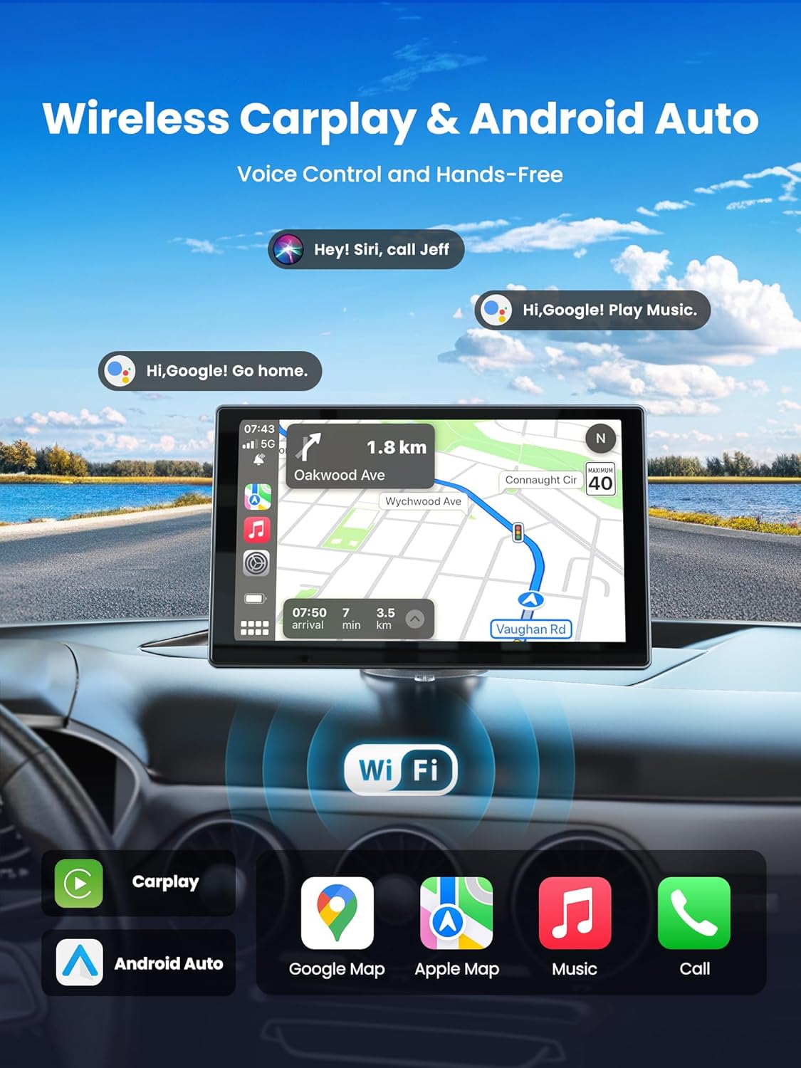 Portable CarPlay Screen for Car, 9'' Wireless Apple CarPlay & Android Auto Screen for Car, 4K Dash Cam, 1080P Backup Camera, GPS Navigation/Bluetooth/FM/Siri Voice Control for All Vehicles