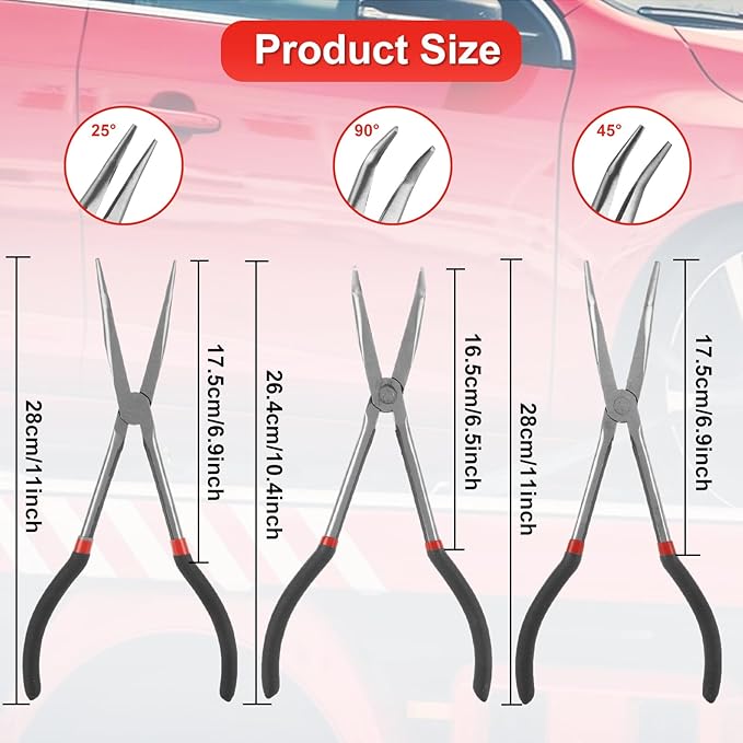 Long Needle Nose Pliers Set, 5 in 1 11 inch Spark Plug Wire Removal Tool - Bent Needle Nose Pliers 90 45 25 Degree - Pointy Nose Pliers - Pinch Nose Pliers for Narrow Spaces and Limited Areas