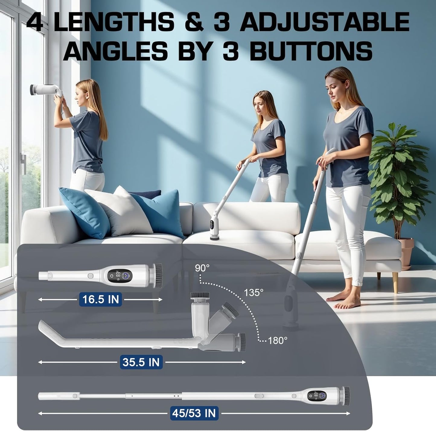 Shower Scrubber, Electric Spin Scrubber with 2025 New Upgraded Motor, User-Friendly Design, 3 Adjustable Angles & Speeds, 8 Brush Heads for Cleaning Bathroom, Cleaning Supplies for Tire, Windshield