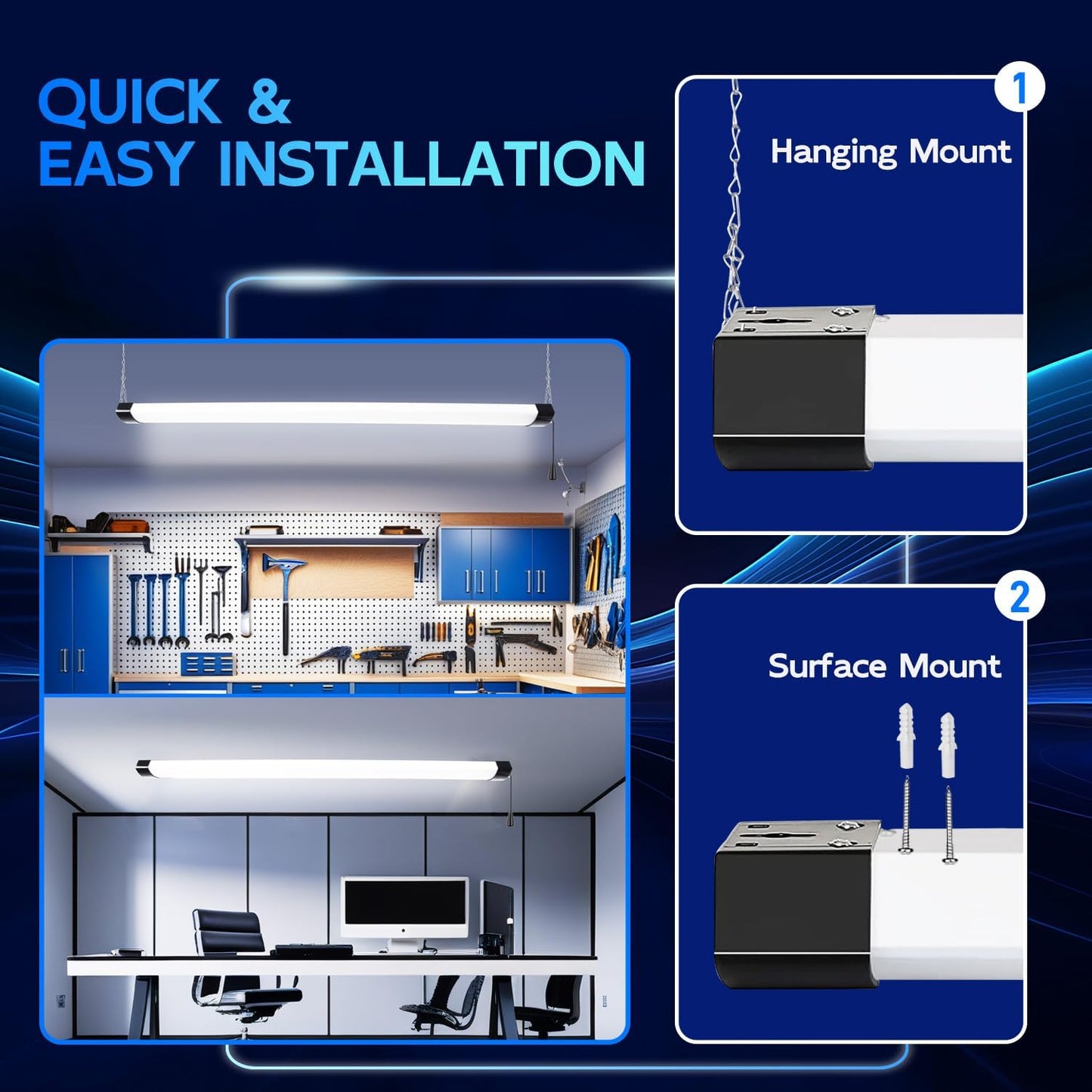 hykolity 120W LED Shop Light Linkable,13000lm(400w Equivalent),5000K 4FT Black Utility Shop Lights for Garages,Workshops,Basements,Hanging or Flush Mount with Power Cord and Pull Chain, ETL,4 Pack