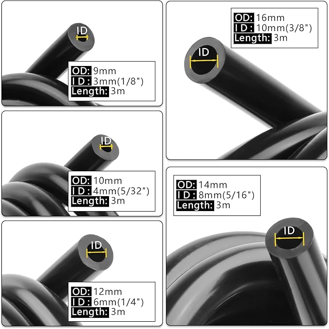 Vacuum Hose Automotive 10 FT 5PCS, 1/8" 5/32" 1/4" 5/16" 3/8" ID High Performance 130PSI, Vacuum Lines Automotive, Silicone Tubing Hose