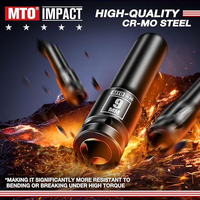 MTO 1/2" Drive 9mm Deep Impact Socket, 6 Pt. Metric Socket, CR-MO Steel & Anti-Corrosion Coating for Heavy-Duty Use