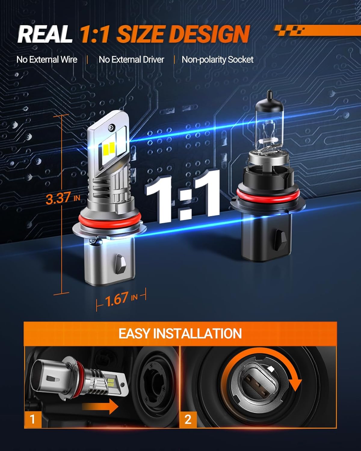 SEALIGHT 9007 HB5 Fog Bulbs, 30000LM 6500K Cool White, 1:1 Mini Size, 9007 Bulb Fog Light with 13000RPM Cooling Fan, 3 Mins Plug-N-Play, Non-Polarity, Pack of 2