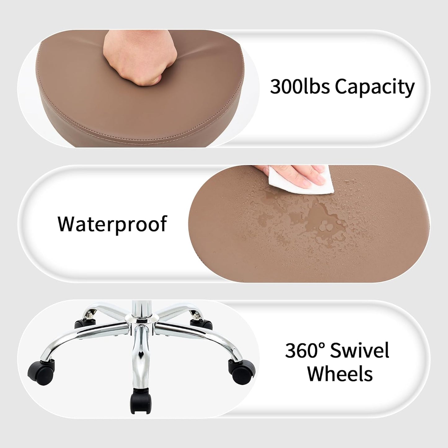 Adjustable Office Stool with Wheels 19.5’’-26.6’’, Brown Thick Cushion Backless Rolling Chair (Coffee Brown)