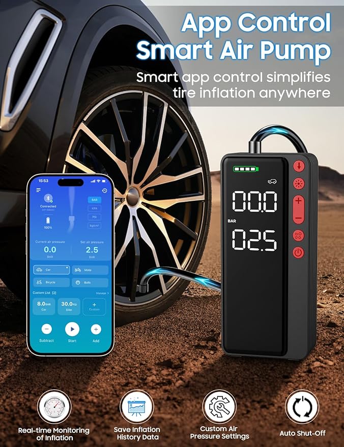 Tire Inflator Portable Air Compressor, 10000mAH&150PSI Smart APP Cordless Air Pump For Car Tires, Built-in Accessories Storage, Bike Pump with Digital Gauge&LED Light for Motorcycle, Ball