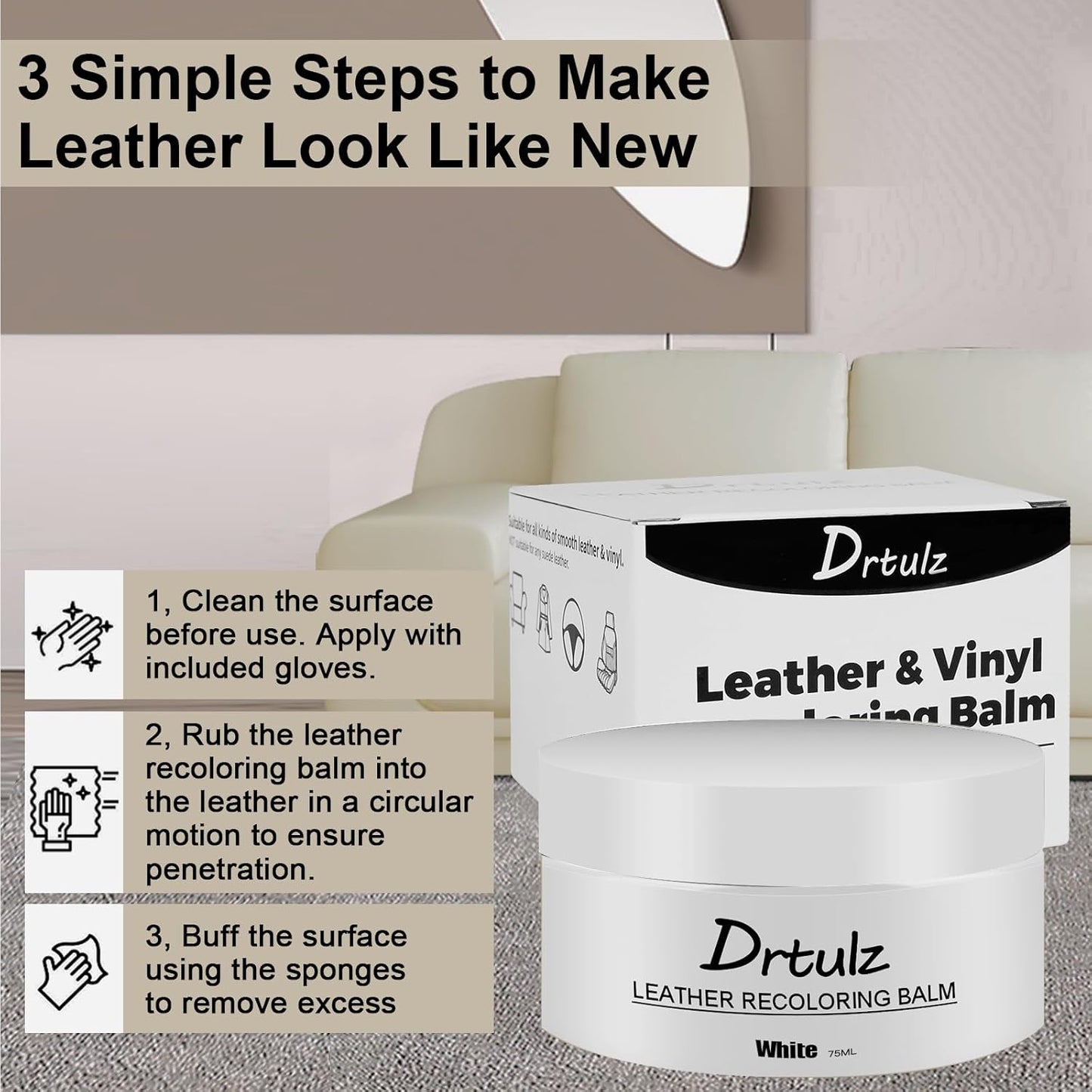 Leather Recoloring Balm, Leather Color Restorer Conditioner, Leather Restorer for Couches Paint, Leather Scratch Remover, Scratch Leather Faded Repair Kits for Vinyl Furniture (White, 75ML)