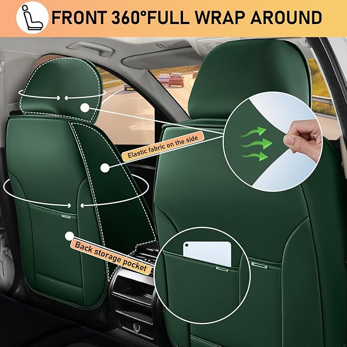 Car Seat Covers Fit for Toyota Highlander 2000-2025 | 7 Seat Car Seat Cover | No-Slip Waterproof Breathable Faux Leather Automotive Seat Covers Auto Interior Covers Black Green,Full Set with Pillow