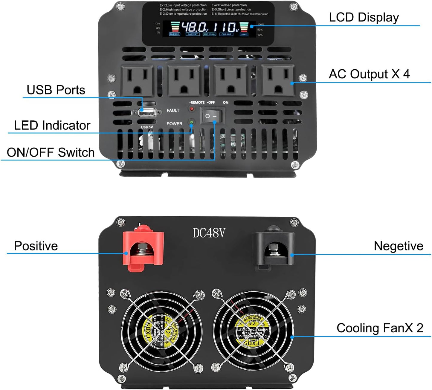 LVYUAN 5000 Watt Power Inverter 48V to 110V 120V for Vehicle, Solar Inverter System, Heavy Duty, RV, Truck, Off Grid,Camping with 4 AC Outlets, LCD Display, Wireless Remote Control, Car Power Inverter