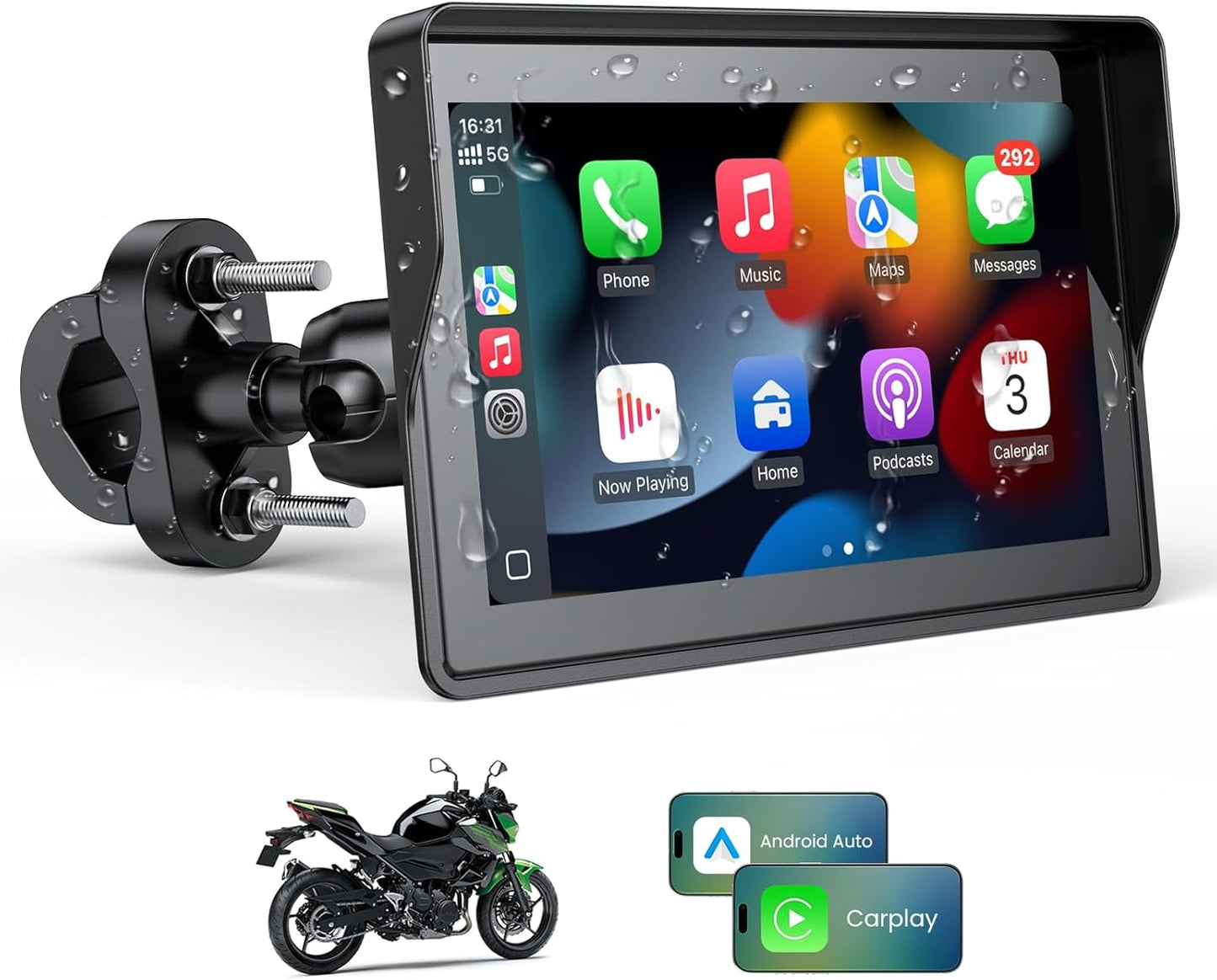WonVon 5 Inch Motorcycle Carplay GPS Navigation System with Apple Carplay and Android Auto Portable Screen with Dual Bluetooth, Navigation, Siri, Google Assistant（Not Inchluded TPMS）