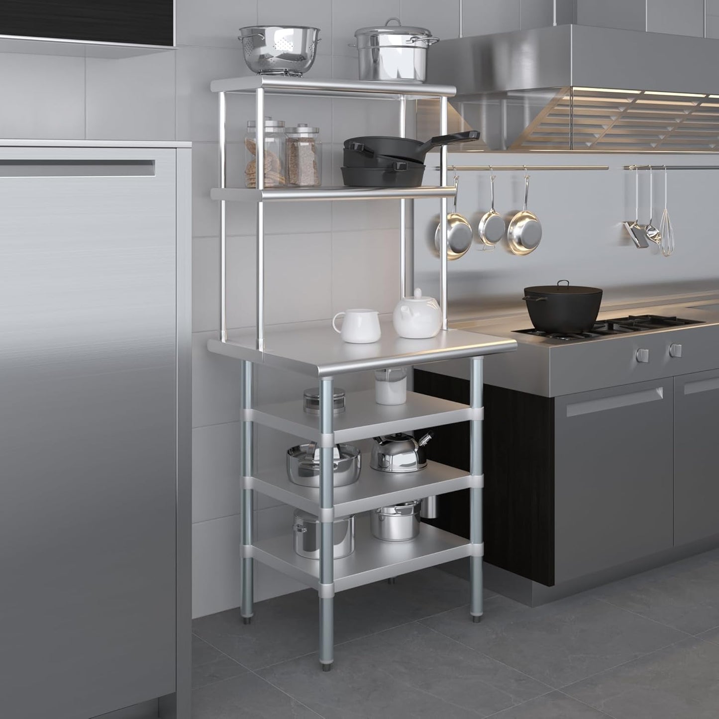 Amgood 24" x 30" Stainless Steel Work Table with 3 Shelves and 12" Wide Double Tier Overshelf | Metal Kitchen Prep Table & Shelving Combo | NSF