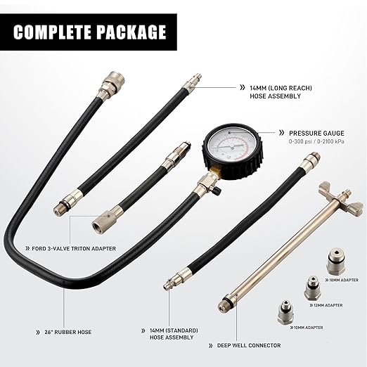 Engine Compression Tester Kit | 0-300 psi/20.7 Bar | Cylinder Compression Gauge, Multi-Size Spark Plug Adapters for Gasoline Engines