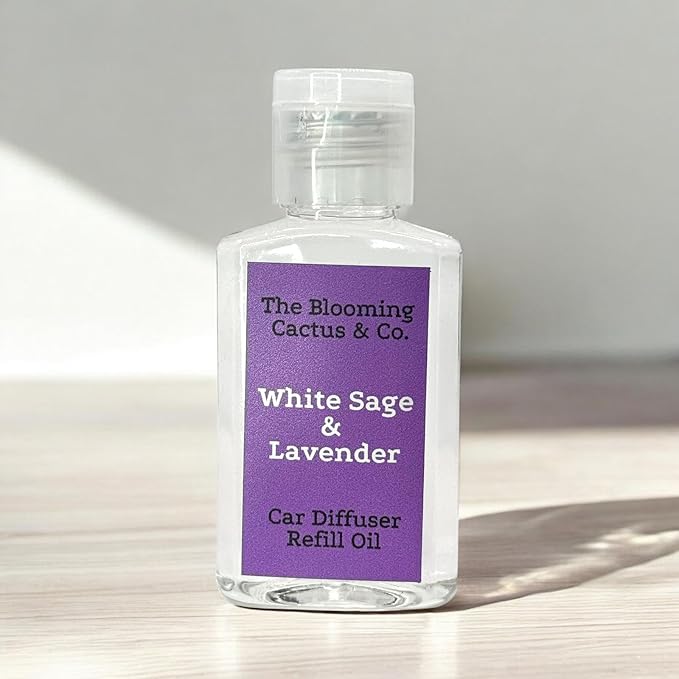 The Blooming Cactus & Co. Car Air Freshener Refill Oil - White Sage & Lavender Scent - Phthalate Free, Non-Toxic, Long-Lasting Fragrance - Fits Most Car Diffusers - 1 oz
