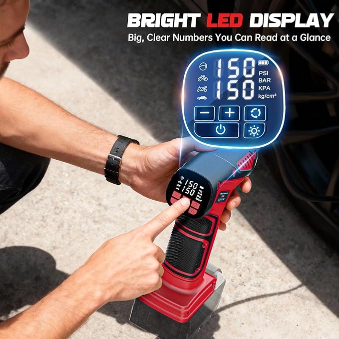 Cordless Tire Inflator Air Compressor Compatible with Milwaukee 18V Battery (Tool Only), 150 PSI Portable Car Air Pump with Digital Pressure Gauge, Automatic Shut Off, LED Light