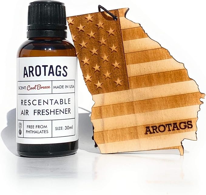 Arotags Car Air Freshener - Reusable Wood Diffuser - Hanging Odor Eliminator - Georgia Patriot - Cool Breeze Scent