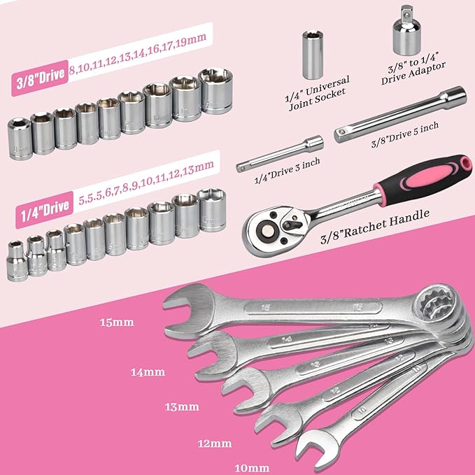 450-Piece Pink Tool Set, Home Tool Kit with Toolbox Storage Case Home Repair Tool Kit with Drawer for Women