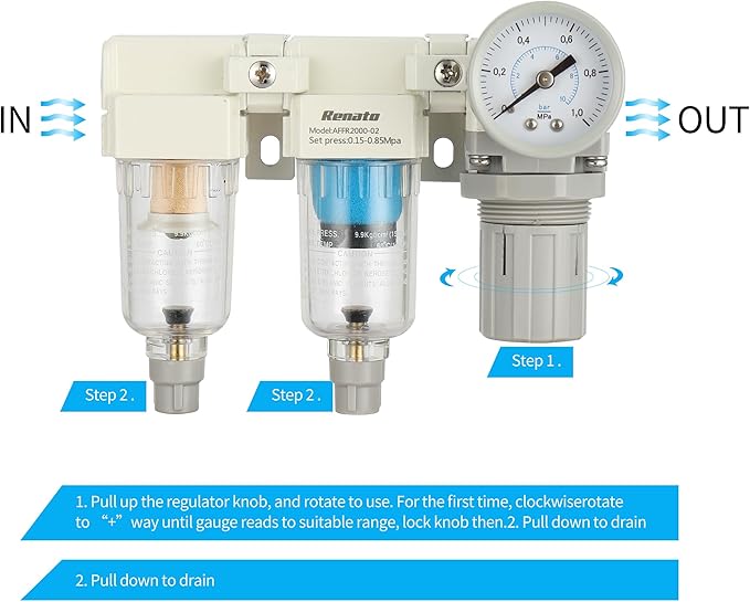 1/4" NPT Three Stage Air Drying System - 0.01 Micron Particulate Filter Air Pressure Regulator Combo - 0-125psi Gauge, Semi-Auto Drain, Metal Bracket
