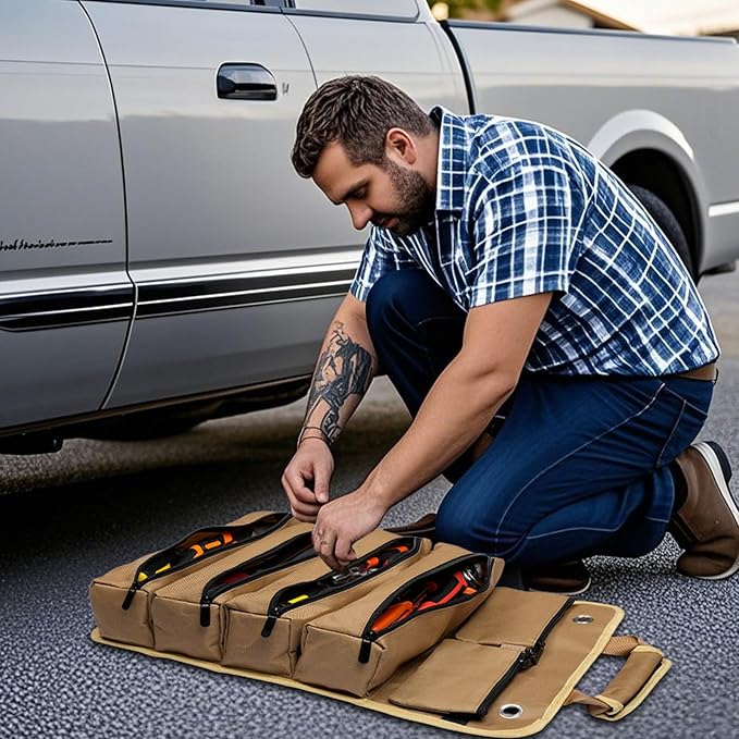 Roll Up Tool Bag, Heavy Duty Tool Organizer Bag, Portable Tools Bag with 6 Tool Pouches for Mechanics, Electricians, DIY Projects, Gifts for Men Dad Husband (Khaki)