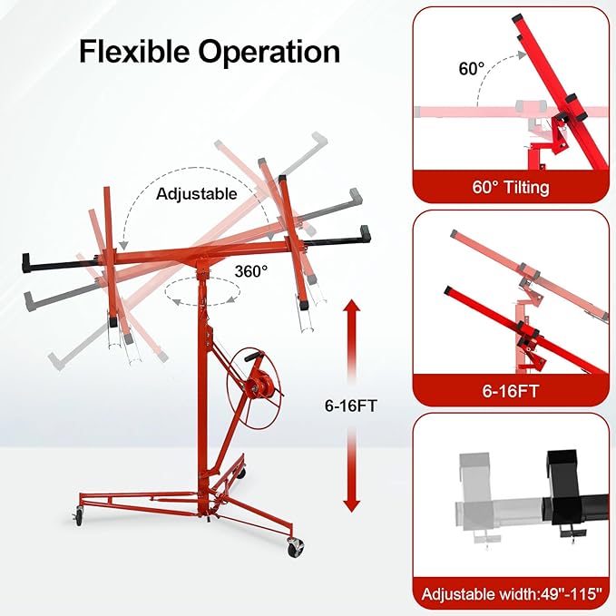 16FT Drywall Lift Sheetrock Lift, 150LBS Capacity, Drywall Lift Panel Hoist with Telescopic Arm, Drywall Jack Lift with 3 Lockable Wheels for Home Improvement Classic, 4'x16' Panel Size, Red