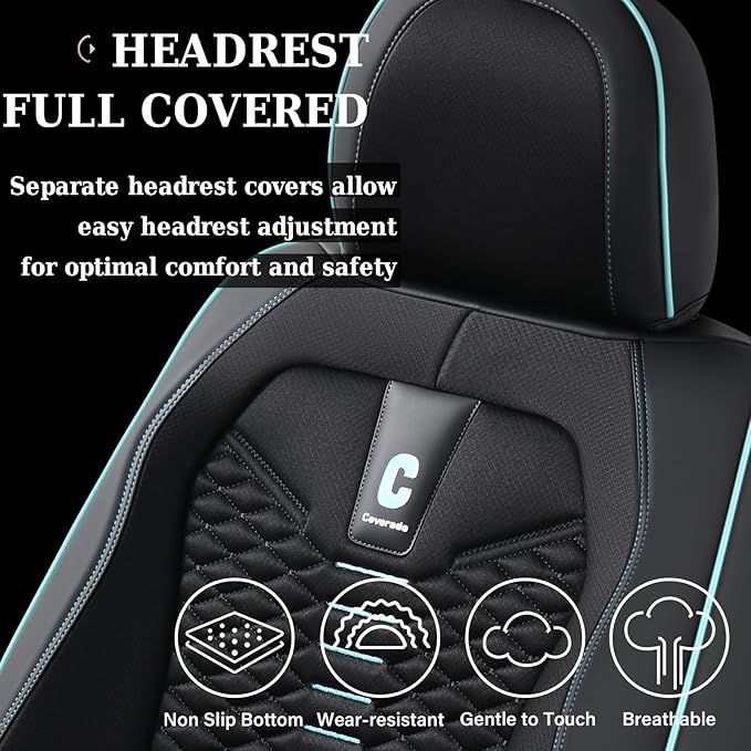 Coverado Car Seat Covers Full Set, 5 Seats Universal Seat Covers for Cars, Breathable Fabric Faux Leather Auto Seat Cushions, Front and Rear Seat Protectors Fit for Most Sedans SUV Truck, Black&Blue