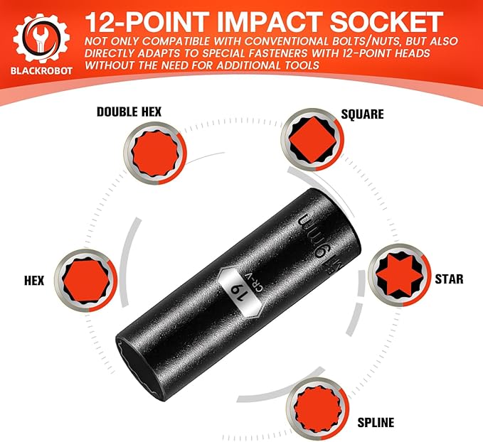 BLACKROBOT 19 mm 12-Point Deep Impact Socket, 1/2 Inch Drive, Metric, Cr-V Steel With Black Manganese Phosphate Coating
