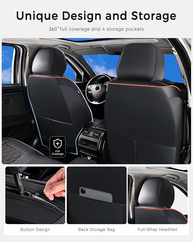 Huidasource Seat Covers, Nappa Leather Car Seat Covers, Velcro Adjustable, Compatible with Airbags, Armrests, Child Seat, Seat Belts, Fit for Most Cars, Vans, Trucks, SUVs (Full Set/Black&Red)