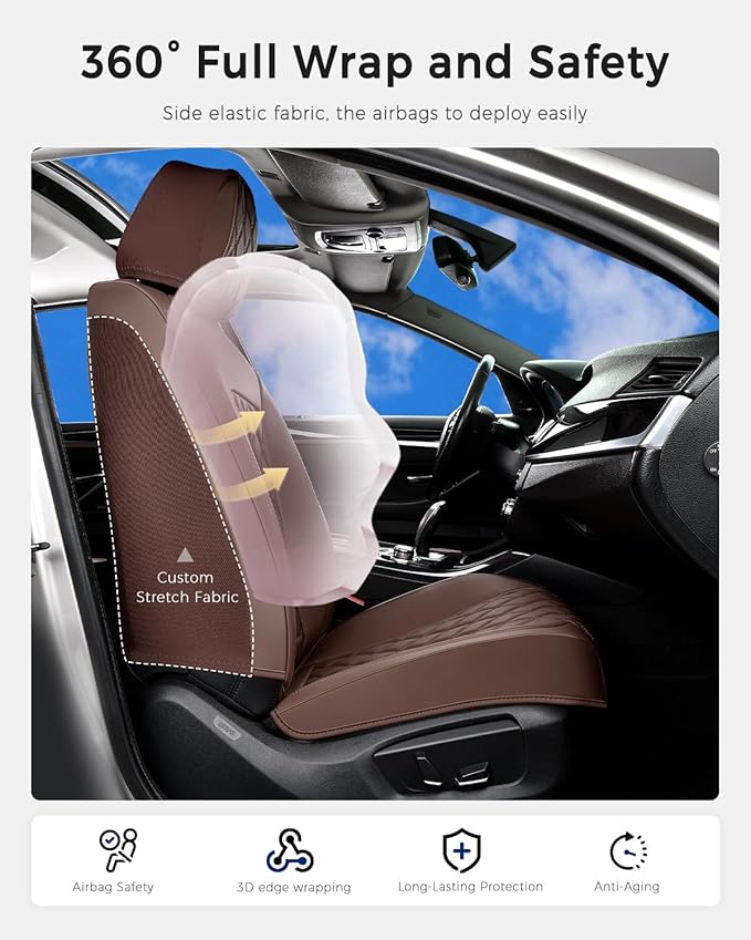 Huidasource Coffee Front Seat Cover, Nappa Leather Front Car Seat Cover, Side Elastic Fabric, Compatible with Airbags, Seat Belts, Universal Fit for Most Cars, Vans, Trucks, SUV (Front Pair/Coffee)