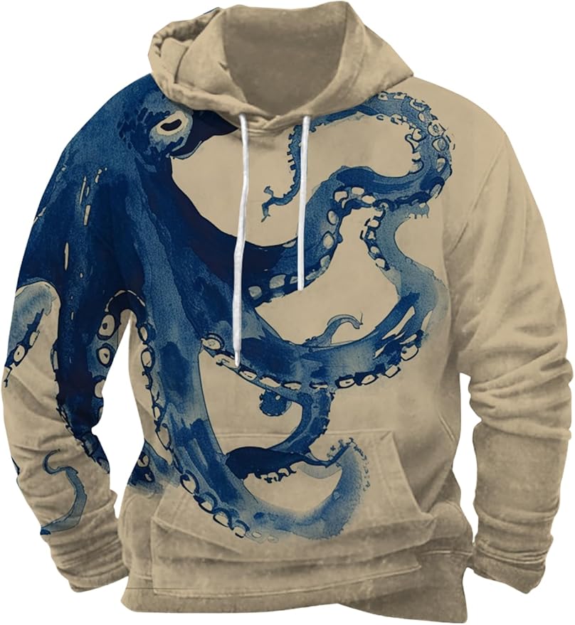 Mens Animal Print Graphic Hoodies Casual Long Sleeve Japanese Art Style Hooded Sweatshirt Lightweight Pullover Tops