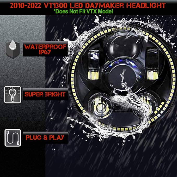 SLK-Lights VT1300 Fury LED Headlight Black Daymaker 5 3/4in - Direct Fit - Plug & Play - Compatible Honda VT1300 2010-2025 Honda Fury, Sabre, Interstate, and Stateline (Black Halo)