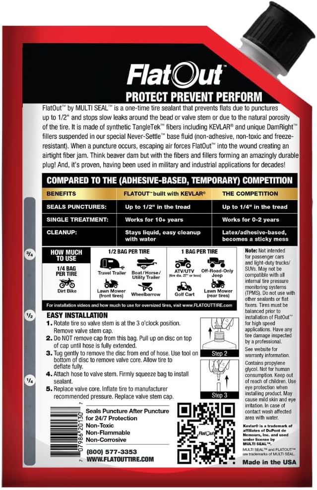 FlatOut Sportsman Formula Tire Sealant - Prevents Flat Tires - Fix a Flat Tire - Seals Leaks - Contains Kevlar - Tubeless Tire Sealant - 32 Ounce Bag - Pack of 2