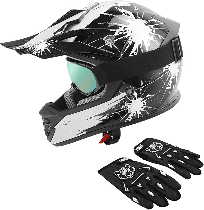 XFMT DOT Youth Kids Dirt Bike Helmet Full Face Motocross Helmets for Off-Road ATV Street Bike Four Wheeler Motorcycle with Goggles & Gloves, Black White Firework Small