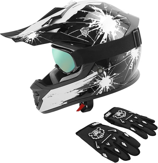 XFMT DOT Youth Kids Dirt Bike Helmet Full Face Motocross Helmets for Off-Road ATV Street Bike Four Wheeler Motorcycle with Goggles & Gloves, Black White Firework Small