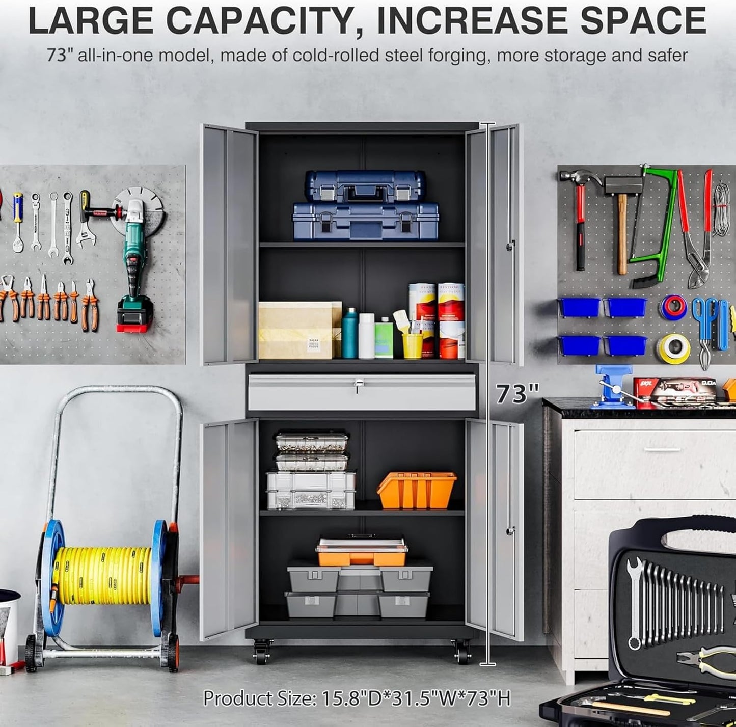 Metal Garage Storage Cabinet with Wheels and Drawer,Gray Rolling Garage Cabinet with Locking Doors and Adjustable Shelves,73" Tall Mobile Metal Storage Cabinets on Wheels for Home,Office,Garages,Tool