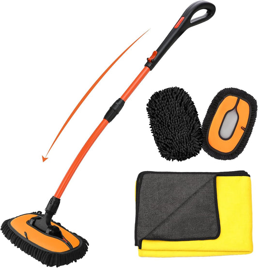 Car Wash Brush with Long Handle, 47" Car Wash Mop with Grip Handle, 2 Replaceable Microfiber Mop Heads and 1 24*63" Car Cleaning Towel for Car Washing, Truck, SUV, Boat, RV Roof