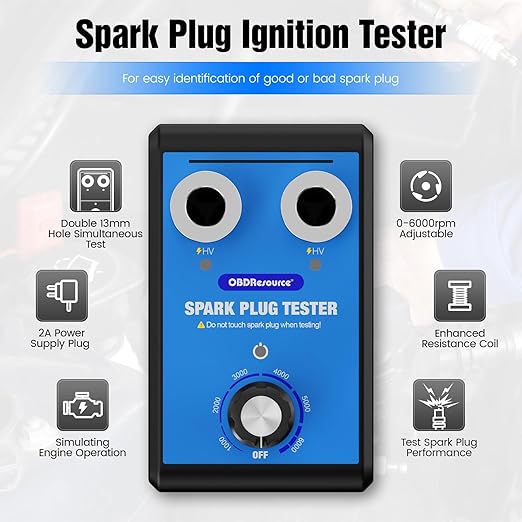 OBDResource Automotive Spark Plug Tester Engine Ignition Spark Plugs Tester Analyzer 0 to 6000RPM Car Motorcycle Spark Plug Testers Tool for 12V Gasoline Vehicles Dual Holes 13MM Spark Plug Socket
