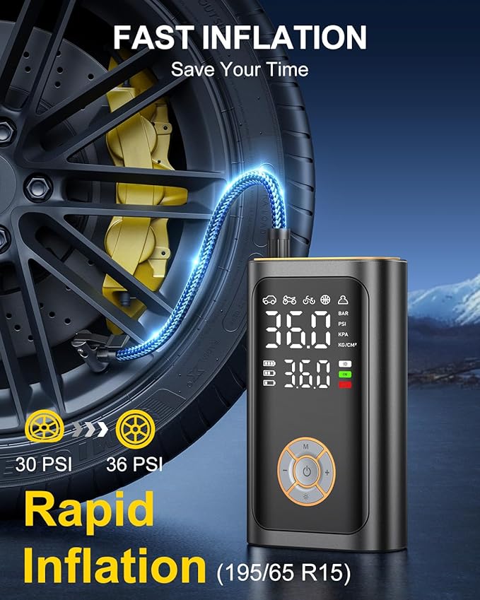Tire Inflator Portable Air Compressor - Fast Inflation Cordless Air Pump for Car Tires, 150PSI Electric Bike Tire Pump with Digital Pressure Gauge, LED light for Car, Motorcycle, Bike, Ball (art)