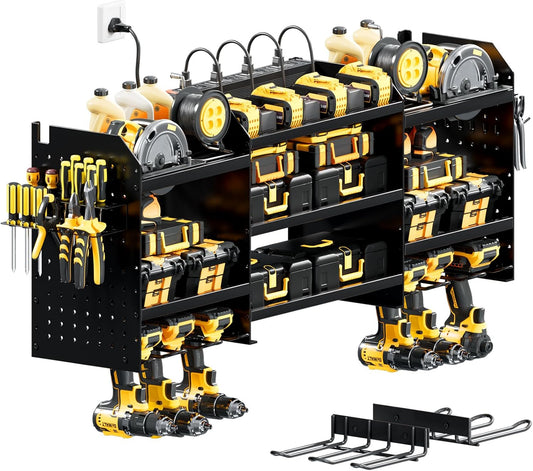 Upgrade Large Power Tool Organizer Wall Mount with Charging Station Tool Storage Rack with 6.5FT Power Strip 10 Drill Holder and Storage Rack for Garage Organization