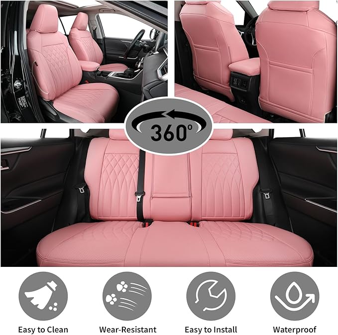 EKR Rav4 Seat Covers Custom Fit for Toyota Rav4 2019 2020 2021 2022 2023 2024 2025 LE,XLE,XLE Premium,Limited, Leather Truck Seat Cover Full Set for SUV,Faux Leather(Pink)
