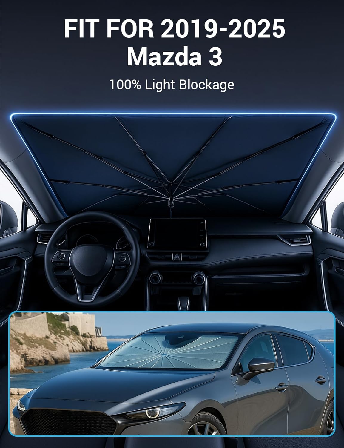 Proadsy Windshield Sun Shade Umbrella for Mazda 3 2019-2025 2026 Foldable Car Umbrella Sunshade with Soft TPU Handle Spring Structure Crystal Cooling Material Protect Car from Rays & Heat