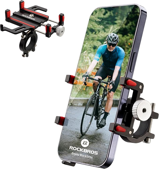 ROCKBROS Bike Phone Holder, Motorcycle Phone Mount, Anti-Shake Cell Phone Holder, 360° Adjustable for iPhone 16, 15 Pro Max/Plus, S9, S10 and More 4.7" to 7" Smartphones，Red