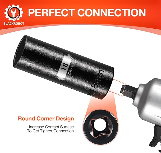 BLACKROBOT 18 mm 12-Point Deep Impact Socket, 1/2 Inch Drive, Metric, Cr-V Steel With Black Manganese Phosphate Coating
