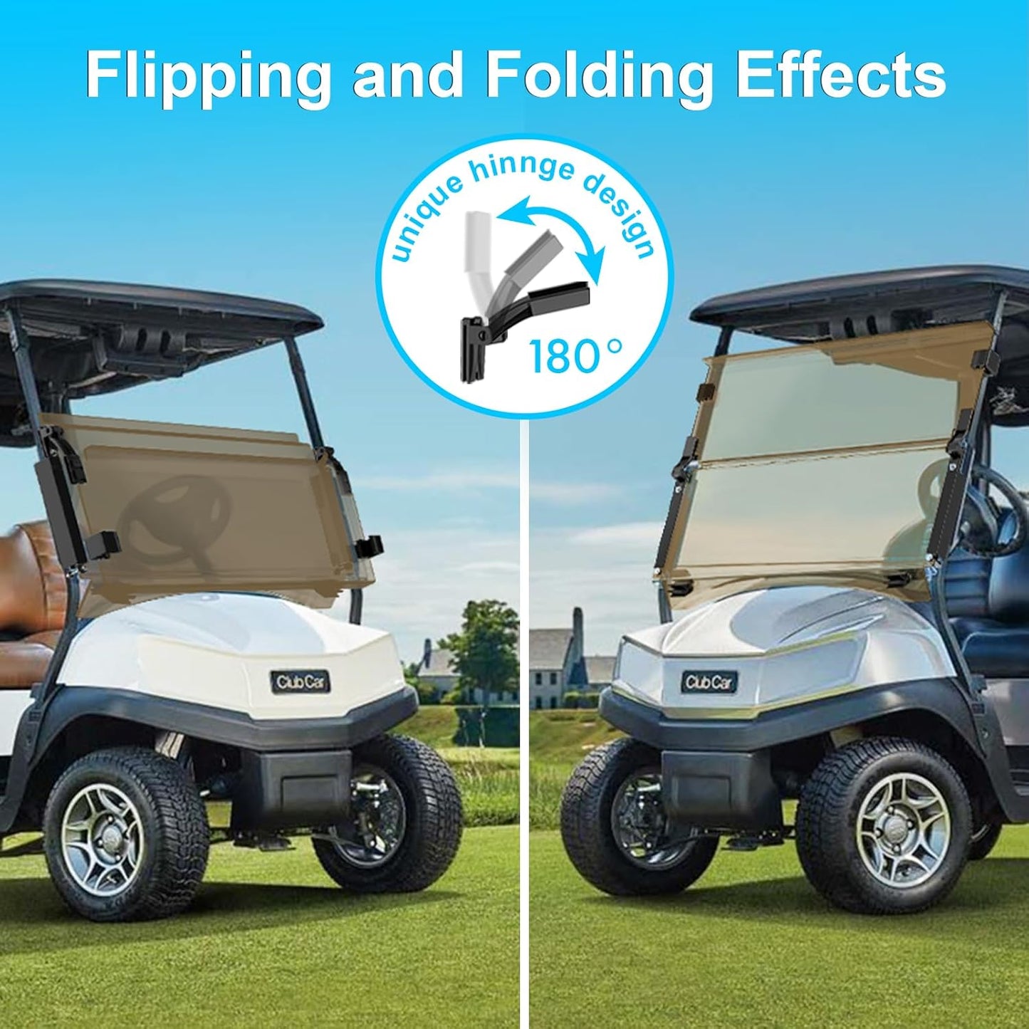 Club Car Precedent Windshield,Golf Cart Windshield for Precedent/Tempo/Onward (2004-Up)– Heavy Duty Hinges, Foldable, Anti-UV & Impact Resistant, 5MM Thick PC Material, 37.6"W X 33.2"H (tinted)