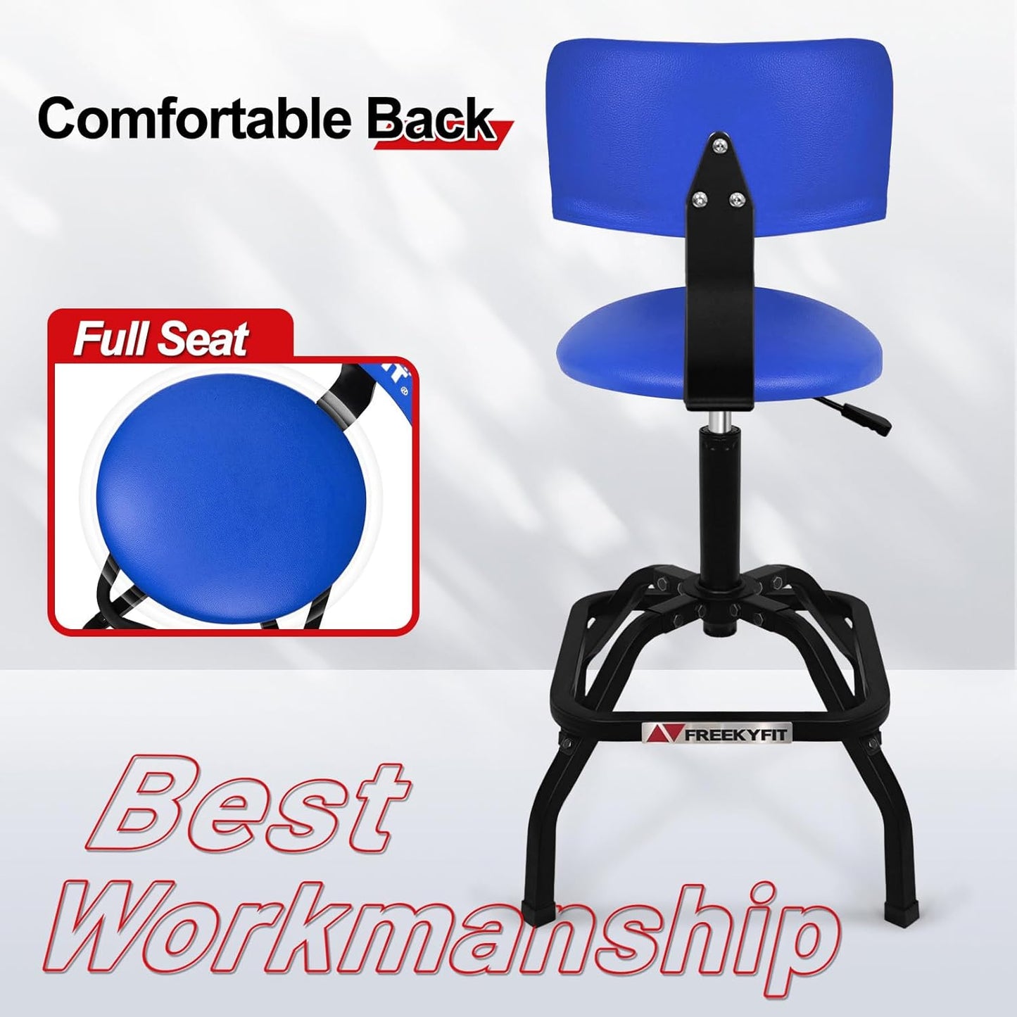 Shop Stool with Backrest, Mechanic Garage Stool for Workshop, Adjustable Shop Stools Chair, Padded Workbench Stools for Men Women, 300 LBS Capacity, 360° Swivel PVC Seat, Heavy Duty, Blue