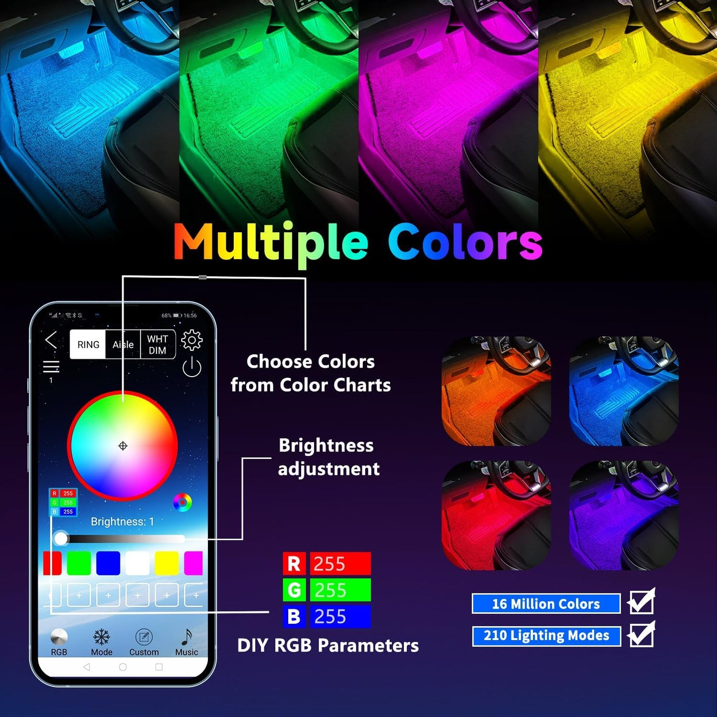 Car Led Interior Foot Well Light Strip Under Dash Bendable PVC Housing RGB 48LEDs Customizable 210 Modes Static Chase Gradient Strobe, Timer App Switch Control, USB 5V, No Remote