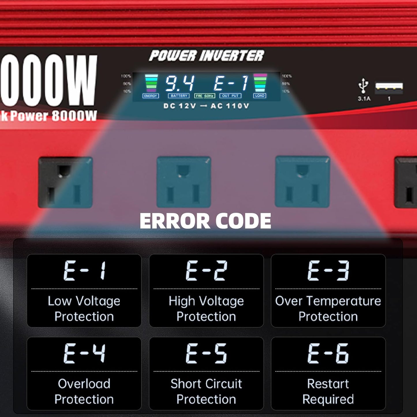 4000W Power Inverter 12V to 110V/120V DC to AC with LCD Display, Remote Controller 5 x AC Outlets and 4 x 3.1A USB Car Adapter for Car Truck Boat RV Solar System