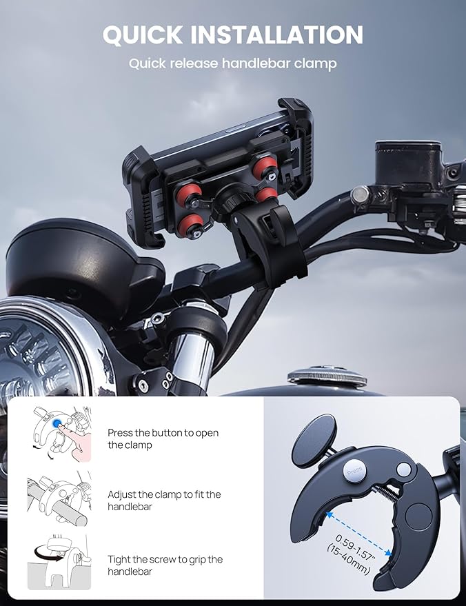 Lamicall Motorcycle Phone Mount Holder - [Dual Vibration Dampener] [Upgrade Handlebar Clip] Motorcycle Cell Phone Holder, Bike Phone Mount, for iPhone 16/15/14/13 Pro Max, 4.7-6.7" Phones. Red