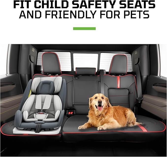 Seat Covers Fit for Chevy Silverado 1500 & GMC Sierra 1500 Crew Cab(2019-2025),Faux Leather Automotive Seat Covers,Custom Car Seat Covers Full Set,Black&Red(with Rear Cup Holder/Seat Back Storage)