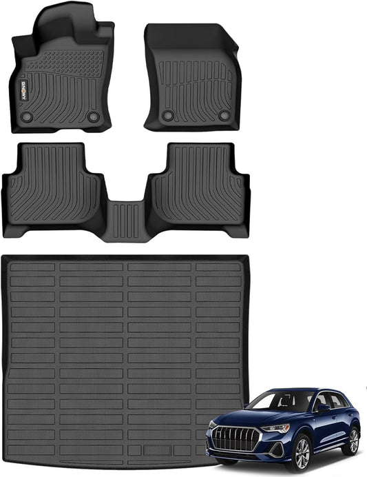 GINOWY-Floor Mats & Cargo Liner for Audi Q3 2018-2025, TPE All Weather Q3 Car Floor Mats Non-Slip Trunk Mat Floor Liners 2024 Waterproof Custom Fit Accessories Mats Black