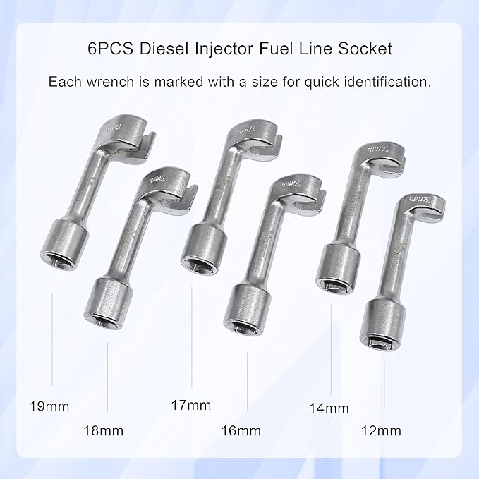 1/2" Dr Injection Line Socket Wrench Set, 6pc 12pt Diesel Fuel Line Socket Set, L-Type Injection Line Socket with 12 14 16 17 18 19mm Wrenches, Fuel Line Dismantling Removal Tool