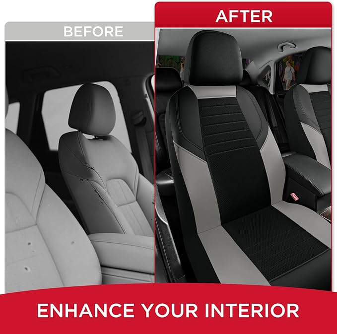 Rubbermaid Car Seat Cover, Leather & Air-Cool Mesh Front Seat Cover, Airbag Compatible, Slip-On Installation, Automotive Seat Cover Universal Fit for Most Cars, Trucks, SUVs-Gray