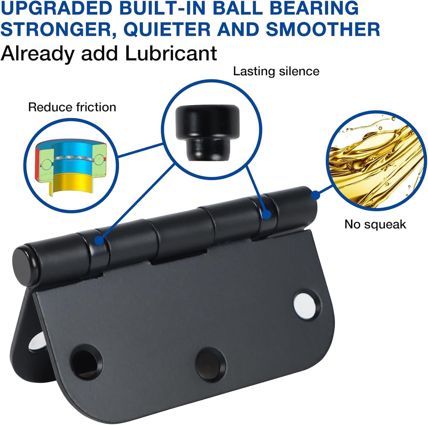 36 Pack Ball Bearing Matte Black Door Hinges 3.5 Inch 5/8" Radius Round Anti Squeak Interior 3-1/2"Flat Bifold Standard Bedroom Indoor for Doors 3 ½" House Home Hardware Decor Accessories Must Have